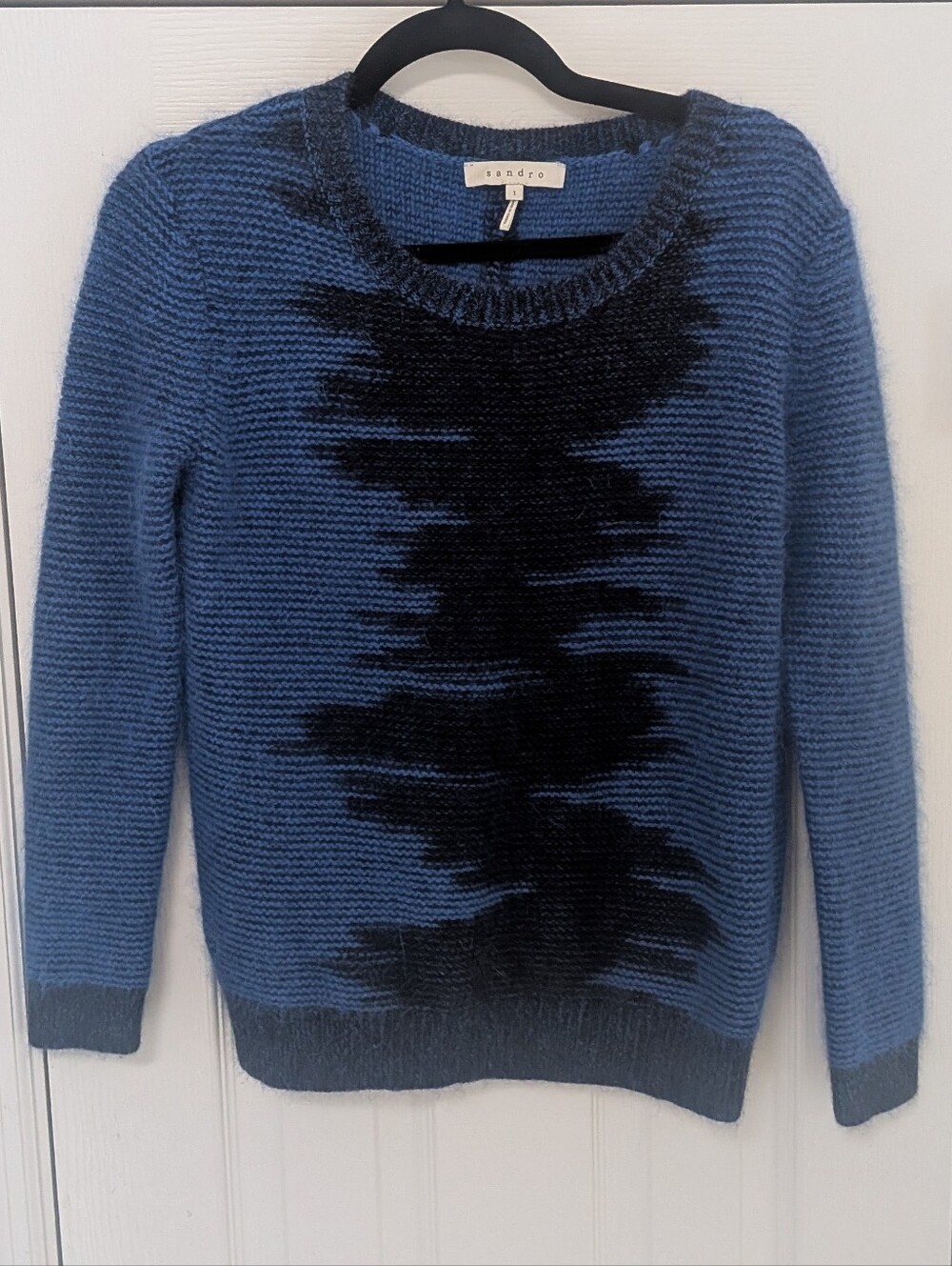Sandro Angora Blend Blue Knit Sweater with Black Center Motif